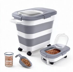 Portable Cat Food Storage Container with Wheels, Handle & Scoop – Large Pet Food Organizer